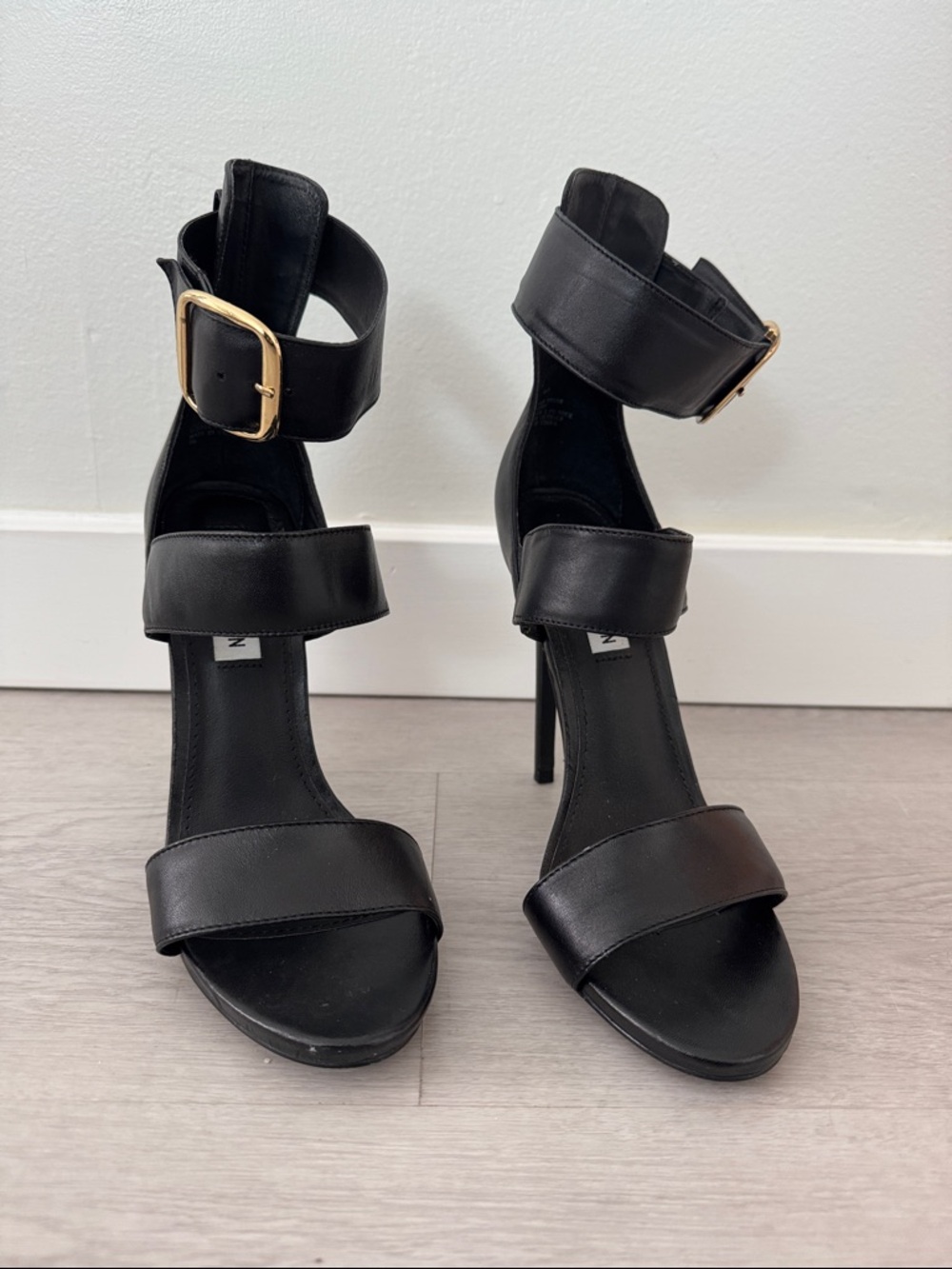 Steve Madden Black Strappy Stiletto Sandals with Gold Buckle - Picture 4 of 5
